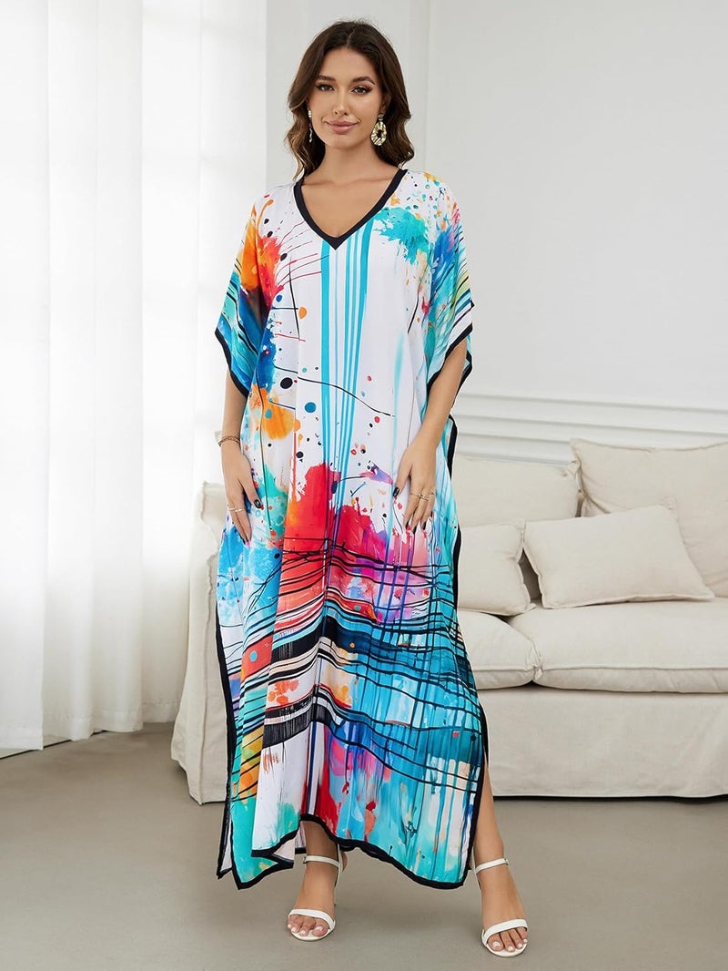 IMAGEKOPE Women's Plus Size Loose Fit Moroccan Print V-Neck Batwing Kaftan Beach Dress Bathing Suit Cover Up - Image 2